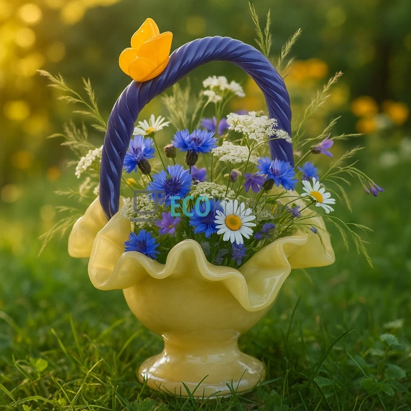 Скляна ваза-кошик ручної роботи 22×20×27 см жовтий з фіо ... Скляна ваза-кошик ручної роботи 22×20×27 см жовтий з фіо ...