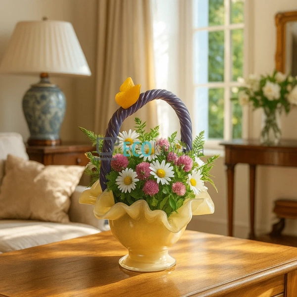 Скляна ваза-кошик ручної роботи 22×20×27 см жовтий з фіо ... Скляна ваза-кошик ручної роботи 22×20×27 см жовтий з фіо ...