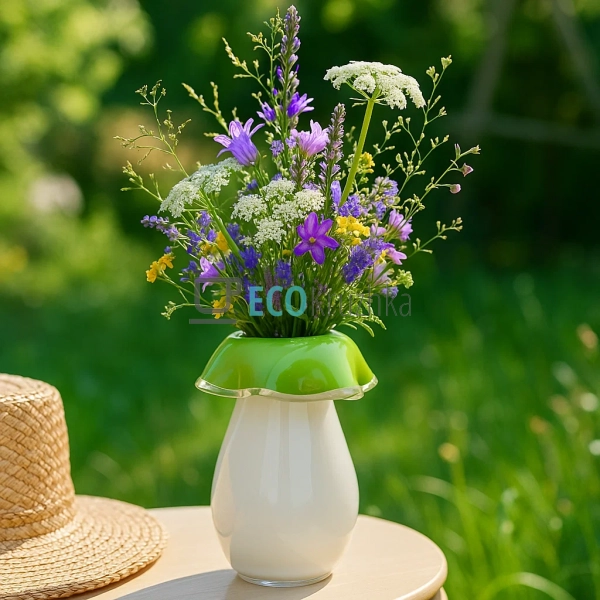 Скляна ваза ручної роботи 14.5×20 см — зелена з білим (9 ... Скляна ваза ручної роботи 14.5×20 см — зелена з білим (9 ...