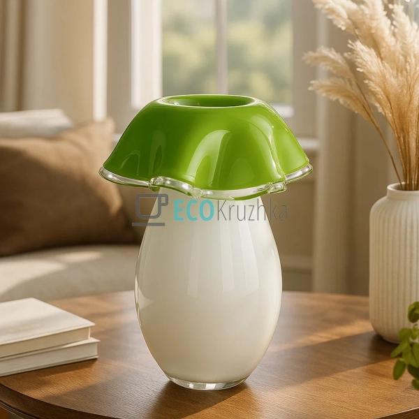 Скляна ваза ручної роботи 19×27 см — зелена з білим (992 ... Скляна ваза ручної роботи 19×27 см — зелена з білим (992 ...