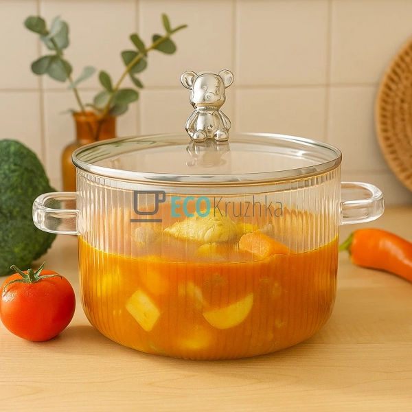 Жароміцна скляна каструля 1.6 л з рельєфним дизайном "Ве ... Жароміцна скляна каструля 1.6 л з рельєфним дизайном "Ве ...