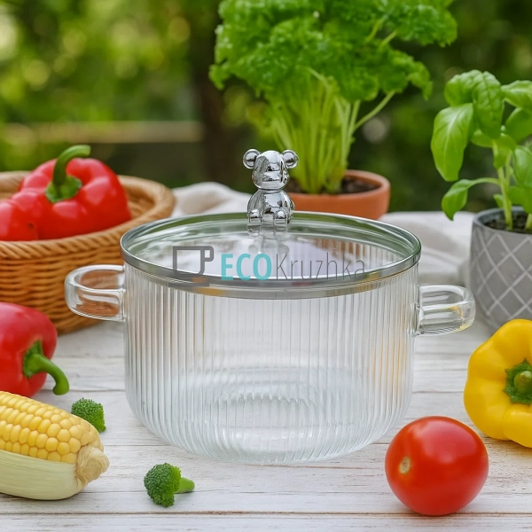 Жароміцна скляна каструля 1.6 л з рельєфним дизайном "Ве ... Жароміцна скляна каструля 1.6 л з рельєфним дизайном "Ве ...