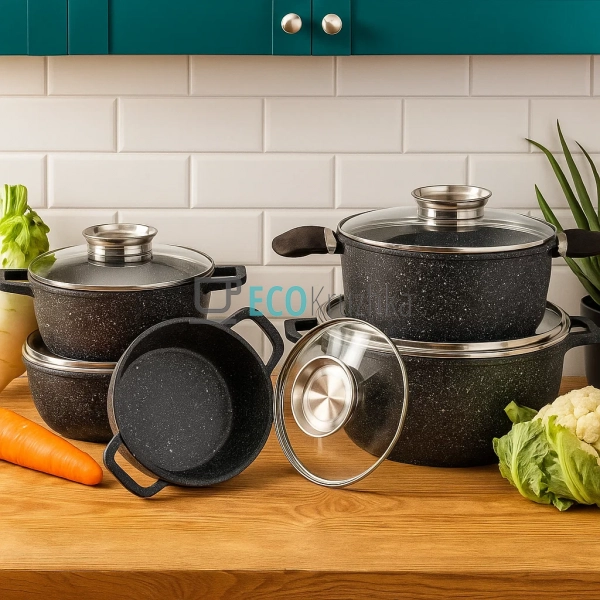 Набір алюмінієвих казанів Edenberg з кришками 5 шт (1.3/ ... Набір алюмінієвих казанів Edenberg з кришками 5 шт (1.3/ ...