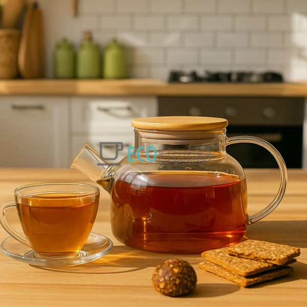 Чайник 1л, для заварювання скляний з бамбуковою кришкою  ...
