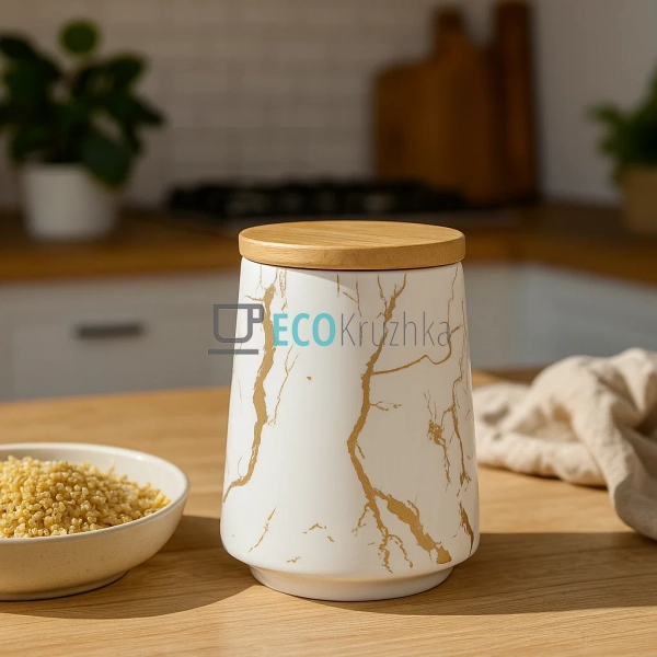 Порцелянова банка 720 мл з бамбуковою кришкою "Мармурова ...