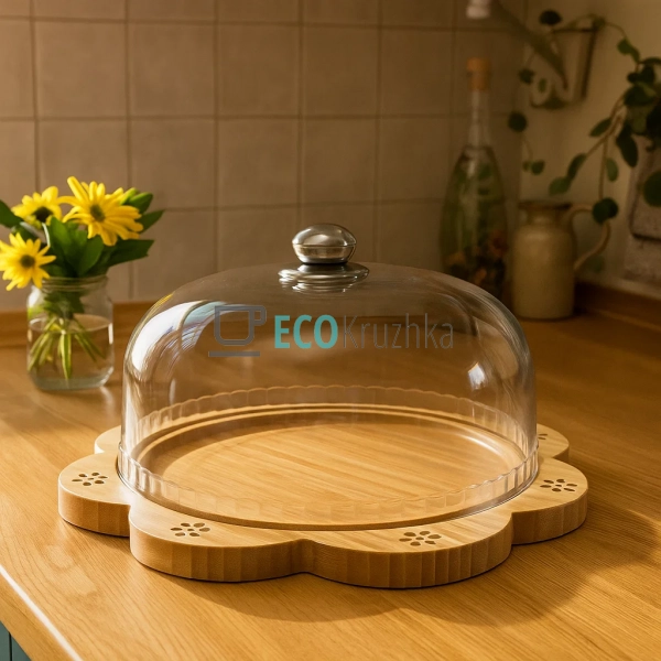 Блюдо для торта 34 см з пластмасовий кришкою бамбукова п ... Блюдо для торта 34 см з пластмасовий кришкою бамбукова п ...