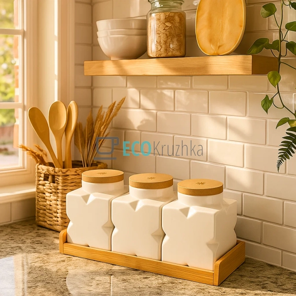 Набір банок 600 мл на бамбуковій підставці PJ01784 Набір банок 600 мл на бамбуковій підставці PJ01784