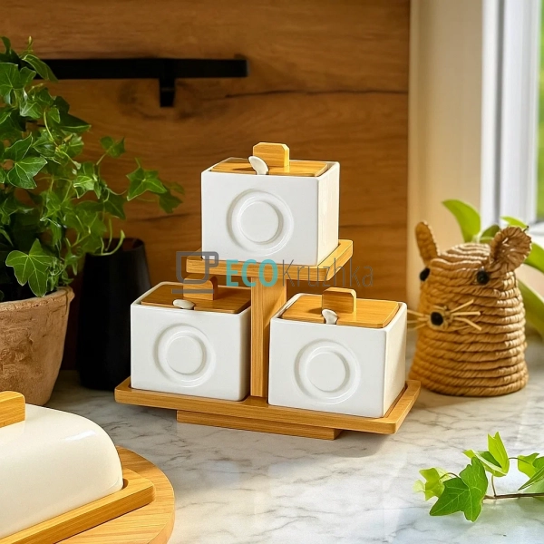 Набір ємностей 260 мл із ложками на бамбуковій підставці ... Набір ємностей 260 мл із ложками на бамбуковій підставці ...