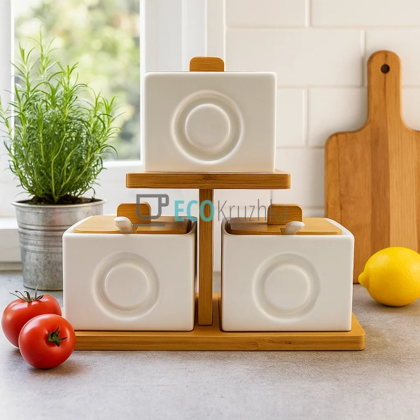 Набір ємностей 260 мл із ложками на бамбуковій підставці ... Набір ємностей 260 мл із ложками на бамбуковій підставці ...