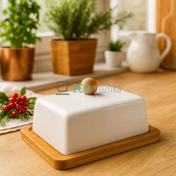 Маслянка керамічна на бамбуковій підставці 15 х 5.5 см   ...