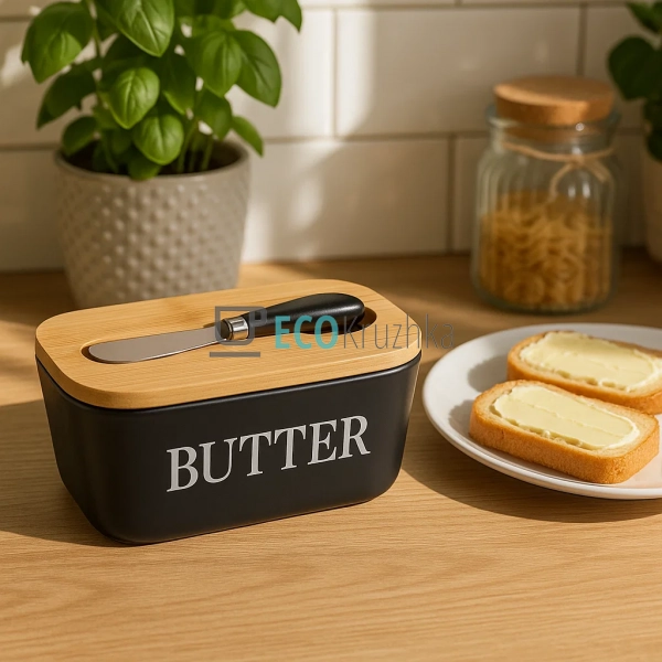 Маслянка керамічна з ножем та бамбуковою кришкою Butter  ...