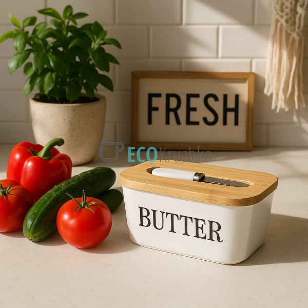 Маслянка керамічна з ножем та бамбуковою кришкою Butter  ...