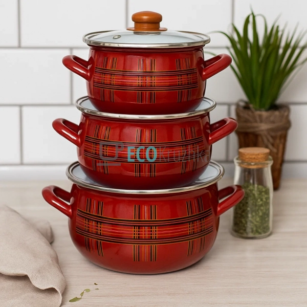 Набір із трьох емальованих каструль Шотландка Interos EK ... Набір із трьох емальованих каструль Шотландка Interos EK ...