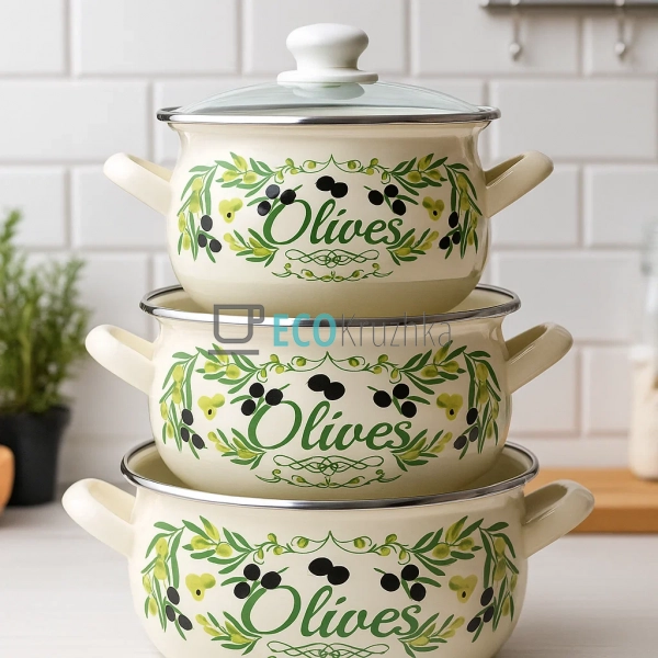 Набір із трьох емальованих каструль Грецька олива Intero ... Набір із трьох емальованих каструль Грецька олива Intero ...