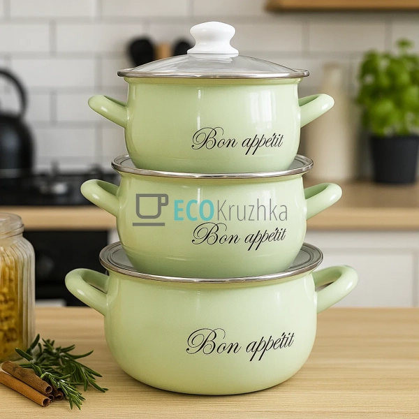 Набір із трьох емальованих кастрeль Bon appetit Interos ... Набір із трьох емальованих кастрeль Bon appetit Interos ...