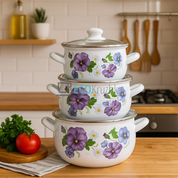 Набір із трьох емальованих кастрюль Фіалка Interos EK299 ... Набір із трьох емальованих кастрюль Фіалка Interos EK299 ...