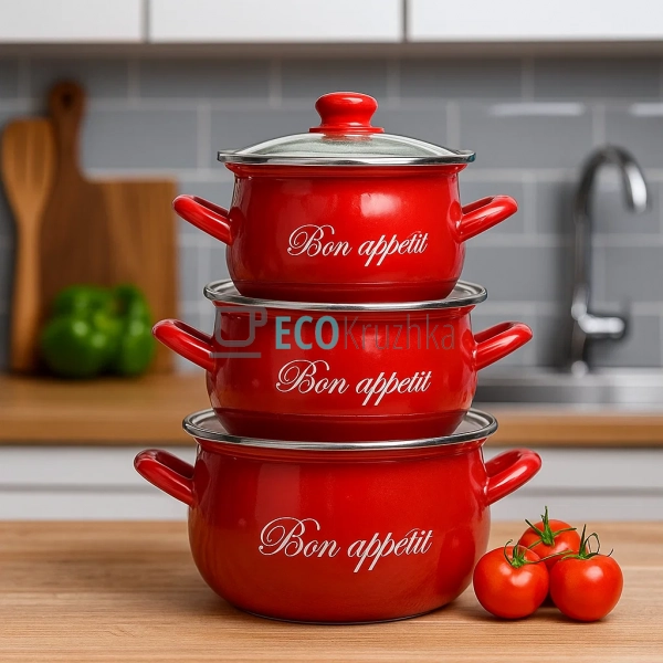 Набір із трьох емальованих кастрюль Interos EK2234С Набір із трьох емальованих кастрюль Interos EK2234С