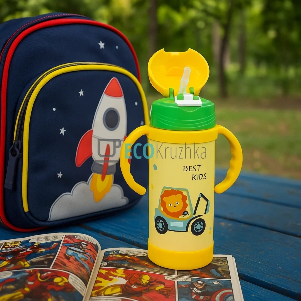 Термопоїлка з трубочкою 320 мл Левенятко Жовтий (1775L) Термопоїлка з трубочкою 320 мл Левенятко Жовтий (1775L)