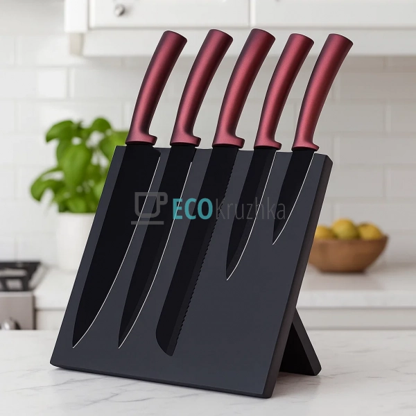 Набір ножів на магнітній підставці 6 предметів Коричневи ... Набір ножів на магнітній підставці 6 предметів Коричневи ...