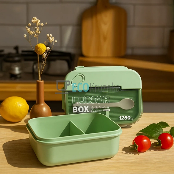 Ланч-бокс з приборами, трьохсекційний, 20х15х8 см, Салат ... Ланч-бокс з приборами, трьохсекційний, 20х15х8 см, Салат ...