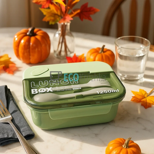 Ланч-бокс з приборами, трьохсекційний, 20х15х8 см, Салат ... Ланч-бокс з приборами, трьохсекційний, 20х15х8 см, Салат ...