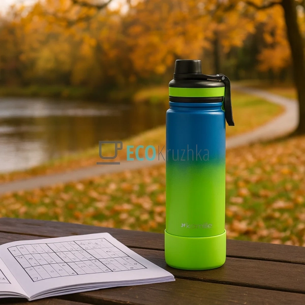 Термокружка на 720 мл з нержавіючої сталі з силіконовою підставкою Синьо-салатова Kamille KM-2163