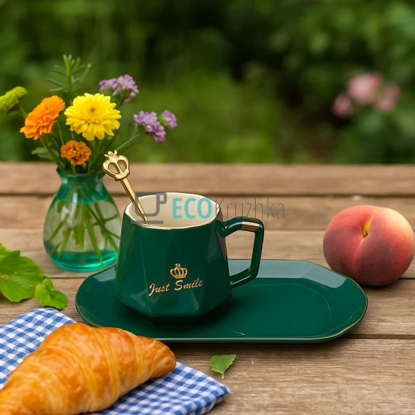 Чашка 230 мл із блюдцем та ложкою Just Smile Зелений (927-231)