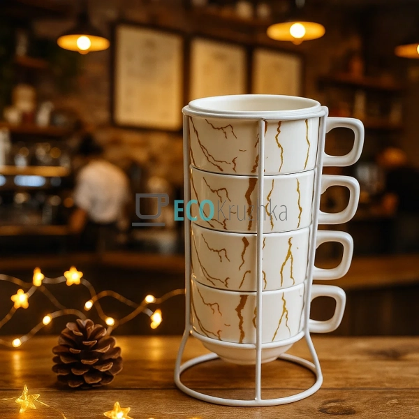 Набір з 4 порцелянових чашок 200 мл на підставці "Мармур ...