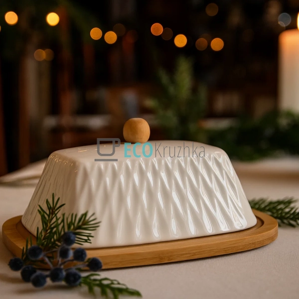 Маслянка для масла Romb порцелянова з бамбуковою підстав ...