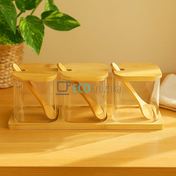 Набір скляних банок для спецій з дерев Набір скляних банок для спецій з дерев