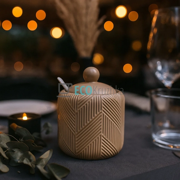 Цукорниця з ложкою "Geometry Beige" Maestro MR-20004-09 Цукорниця з ложкою "Geometry Beige" Maestro MR-20004-09