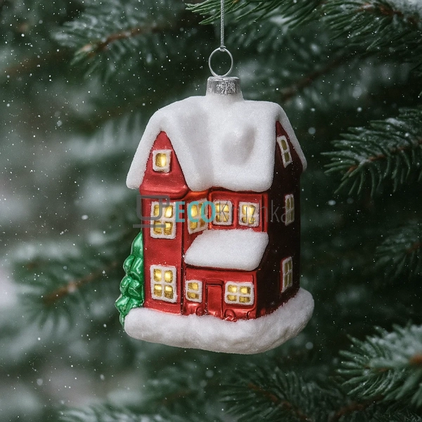Ялинкова прикраса "Будиночок" з декором із білого глітте ... Ялинкова прикраса "Будиночок" з декором із білого глітте ...