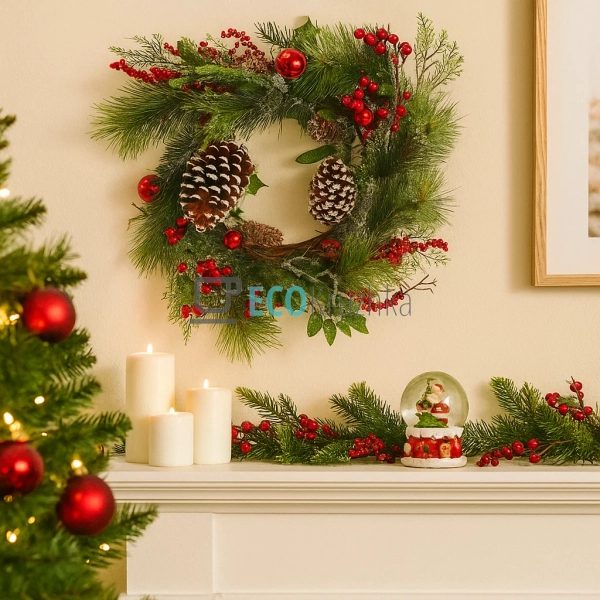 Новорічний вінок з декором з ягід, шишок і бубонців, 50 ... Новорічний вінок з декором з ягід, шишок і бубонців, 50 ...