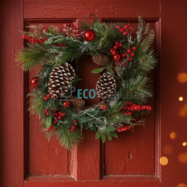 Новорічний вінок з декором з ягід, шишок і бубонців, 50 ... Новорічний вінок з декором з ягід, шишок і бубонців, 50 ...