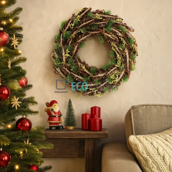 Вінок новорічний 40 см з декором із шишок та зелених гіл ... Вінок новорічний 40 см з декором із шишок та зелених гіл ...