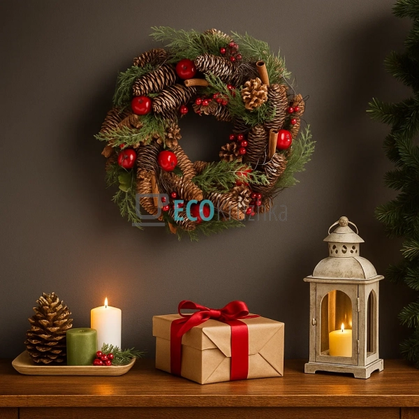 Вінок новорічний 35 см з декором з ягід та шишок (Модель ... Вінок новорічний 35 см з декором з ягід та шишок (Модель ...
