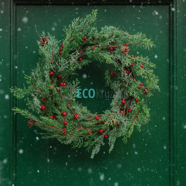 Вінок зі штучної хвої з ягодами та шишками 60 см (Модель ... Вінок зі штучної хвої з ягодами та шишками 60 см (Модель ...