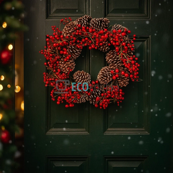 Декоративний вінок із червоних ягід та шишок, 60 см (Мод ... Декоративний вінок із червоних ягід та шишок, 60 см (Мод ...