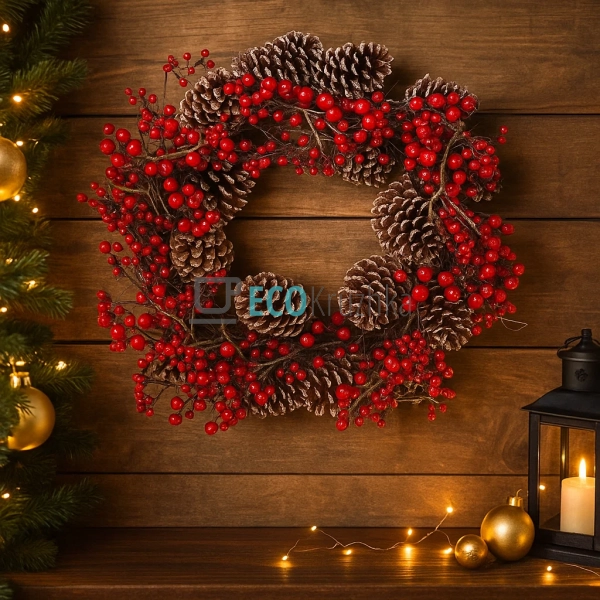 Декоративний вінок із червоних ягід та шишок, 60 см (Мод ... Декоративний вінок із червоних ягід та шишок, 60 см (Мод ...
