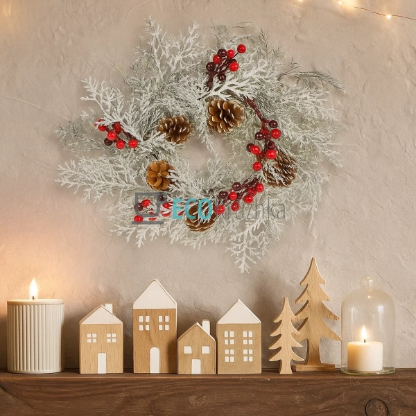 Декоративний вінок із засніженої хвої, шишок та червоних ... Декоративний вінок із засніженої хвої, шишок та червоних ...