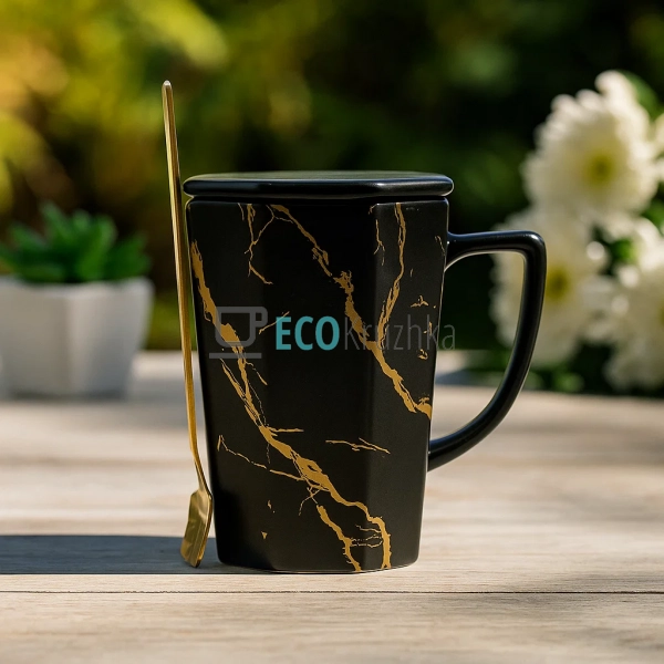 Порцеляновий кухоль-заварник з кришкою та ложкою "Мармур ... Порцеляновий кухоль-заварник з кришкою та ложкою "Мармур ...