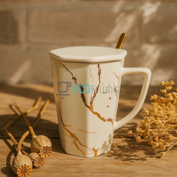 Порцеляновий кухоль-заварник з кришкою та ложкою "Мармур ... Порцеляновий кухоль-заварник з кришкою та ложкою "Мармур ...