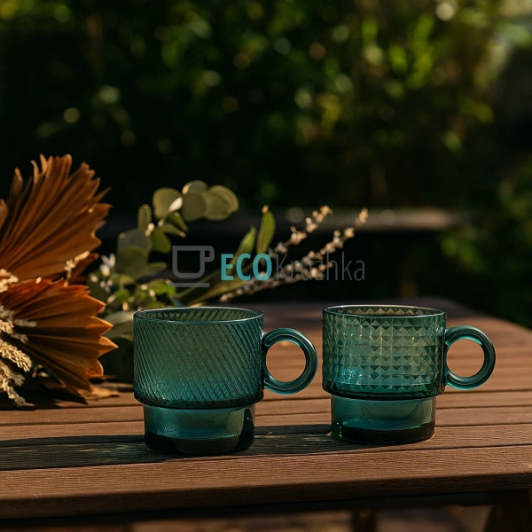 Набір скляних кухлів (2 шт), 300 мл, зелений колір, моде ... Набір скляних кухлів (2 шт), 300 мл, зелений колір, моде ...