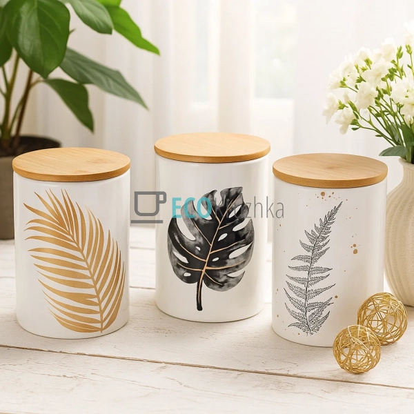 Набір керамічних банок Гаваї з бамбуковими кришками (3 ш ... Набір керамічних банок Гаваї з бамбуковими кришками (3 ш ...