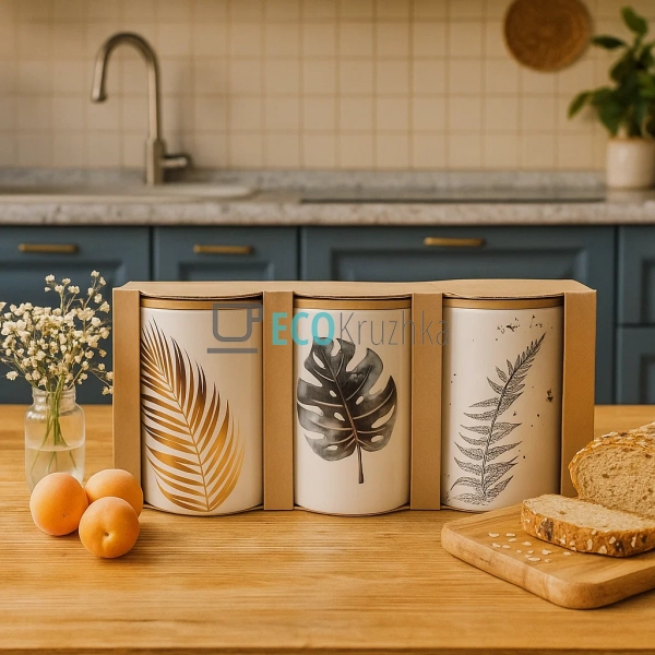Набір керамічних банок Гаваї з бамбуковими кришками (3 ш ... Набір керамічних банок Гаваї з бамбуковими кришками (3 ш ...