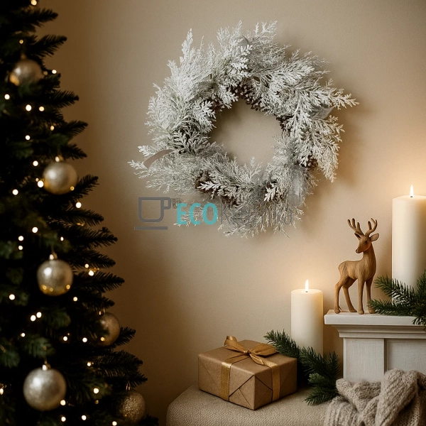 Декоративний вінок із засніженої хвої та шишок, 50 см (М ... Декоративний вінок із засніженої хвої та шишок, 50 см (М ...