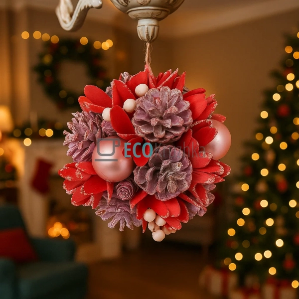 Підвісний декор "Куля" 14 см з шишок, куль і ягід, рожев ... Підвісний декор "Куля" 14 см з шишок, куль і ягід, рожев ...