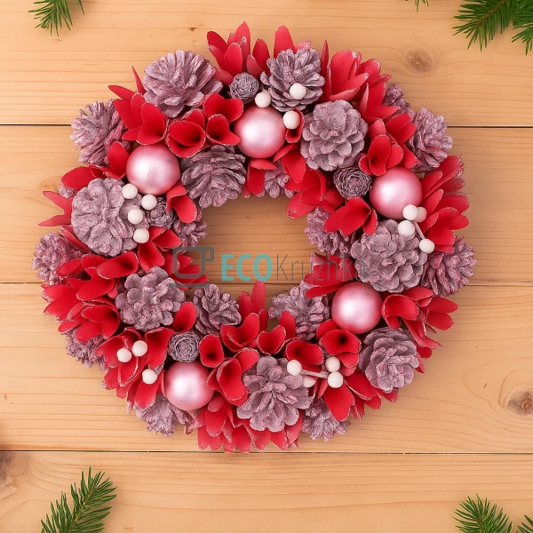 Новорічний вінок 34 см з декором із шишок, куль та ягід, ... Новорічний вінок 34 см з декором із шишок, куль та ягід, ...