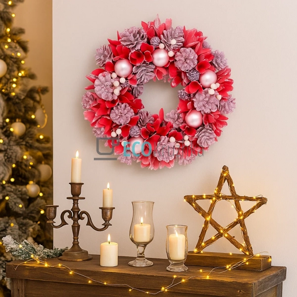 Новорічний вінок 34 см з декором із шишок, куль та ягід, ... Новорічний вінок 34 см з декором із шишок, куль та ягід, ...