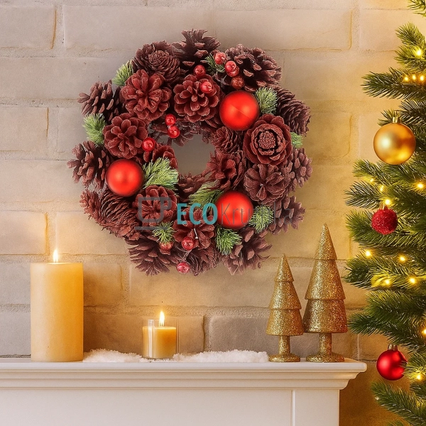 Новорічний вінок 26 см з декором із шишок та куль, бордо ... Новорічний вінок 26 см з декором із шишок та куль, бордо ...